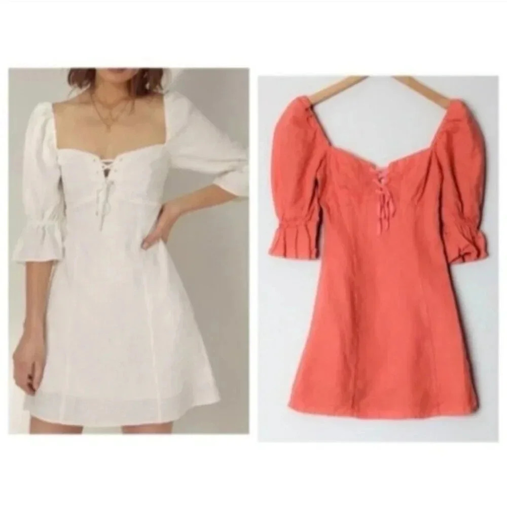 WILFRED Stanza Dress Linen  Mini Puff Sleeve Coral Pink Corset xxs 00 Aritzia